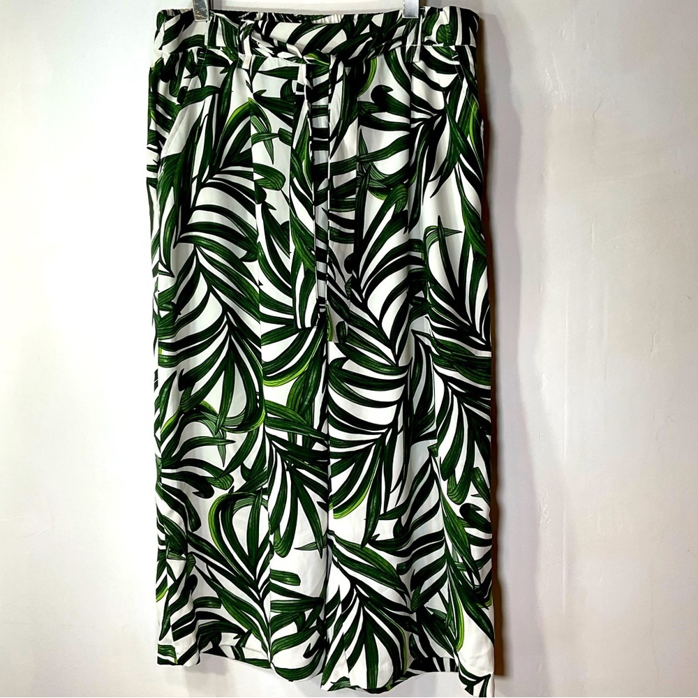 Elaine Rose Pants Palm Leaf Palazzo Loose Fit Wide Leg Green White Print size L